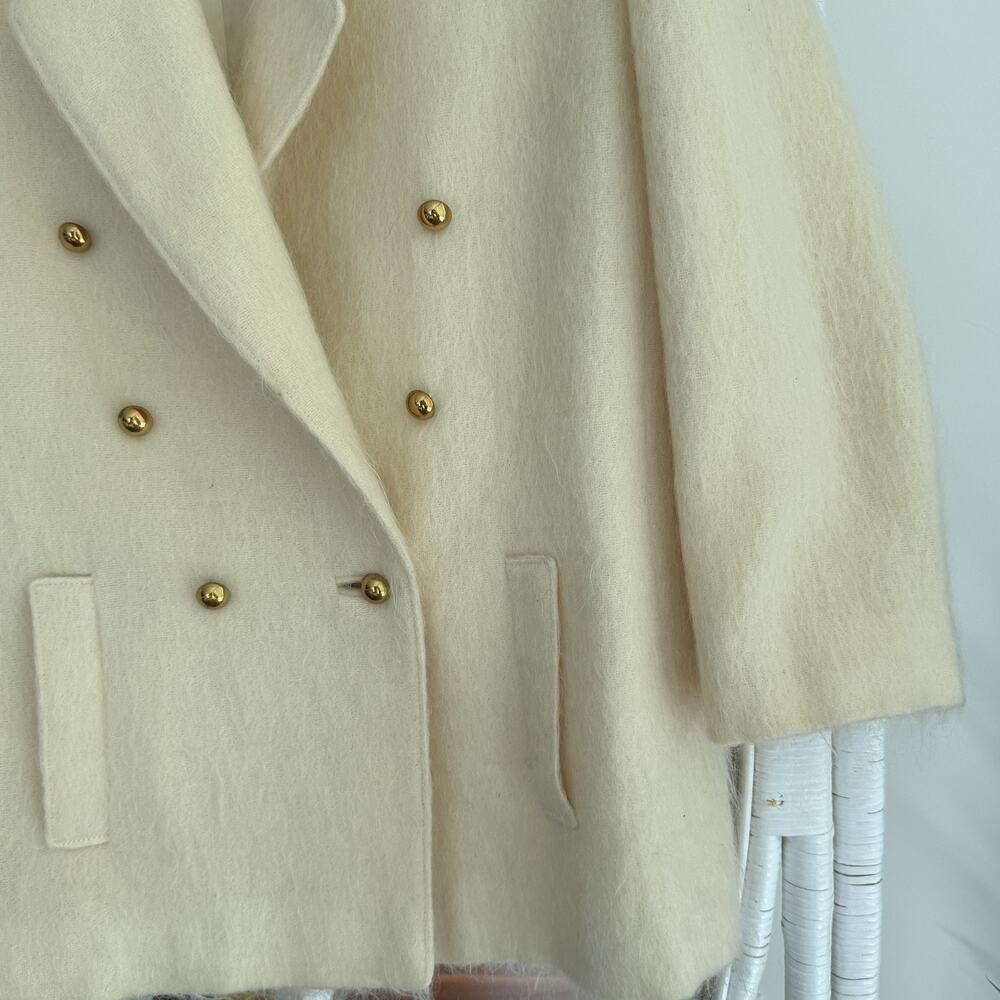 Vintage Fuzzy Mohair Coat Womens M/L Cream Double Breasted Military USA Made 80s - Picture 6 of 10